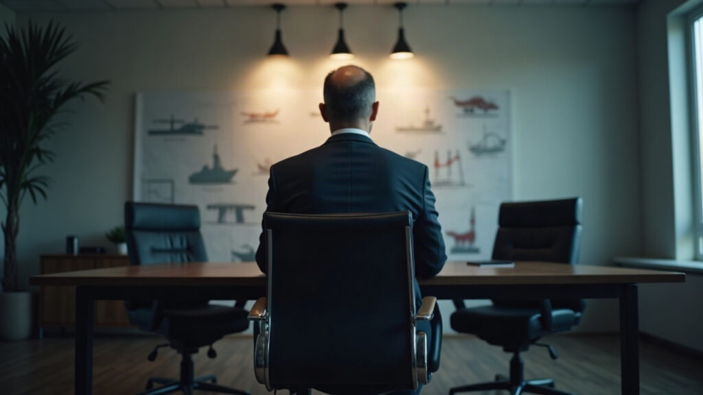 Editorial portrait of a suited executive at a minimalist desk, with SEC and CFTC silhouettes in the background.