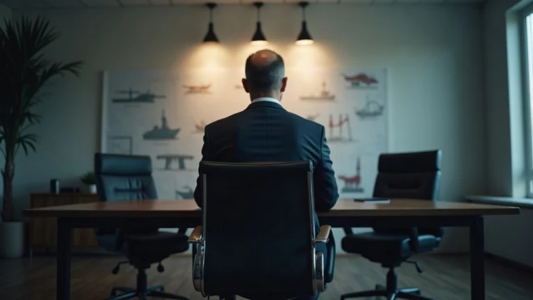 Editorial portrait of a suited executive at a minimalist desk, with SEC and CFTC silhouettes in the background.