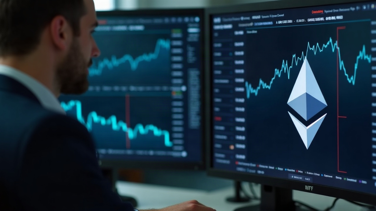 Analyst at a desk reviewing Credits NFT thumbnails and Ethereum logo with rising sales data.