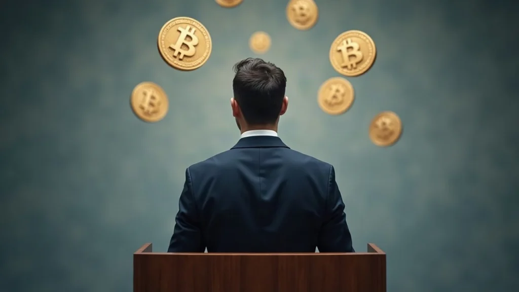 Editorial portrait of a suited speaker at a podium with crypto symbols, signaling uncertain regulation around CLARITY Act.