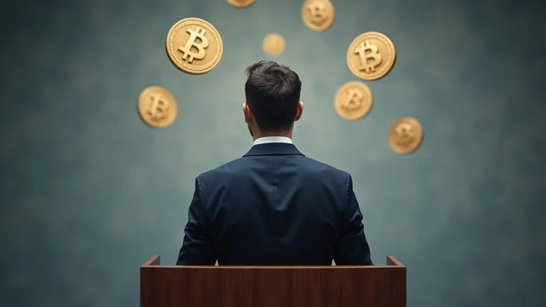 Editorial portrait of a suited speaker at a podium with crypto symbols, signaling uncertain regulation around CLARITY Act.