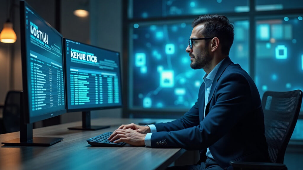 Portrait of a finance executive in a modern office, with a monitor showing tokenized securities and Canton/DTCC links.