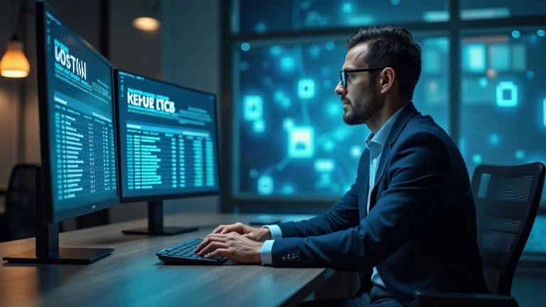 Portrait of a finance executive in a modern office, with a monitor showing tokenized securities and Canton/DTCC links.