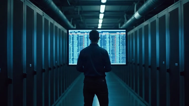 Data center technician beside a GPU rack with a monitor showing 0 to 40 workers, in neutral newsroom lighting.