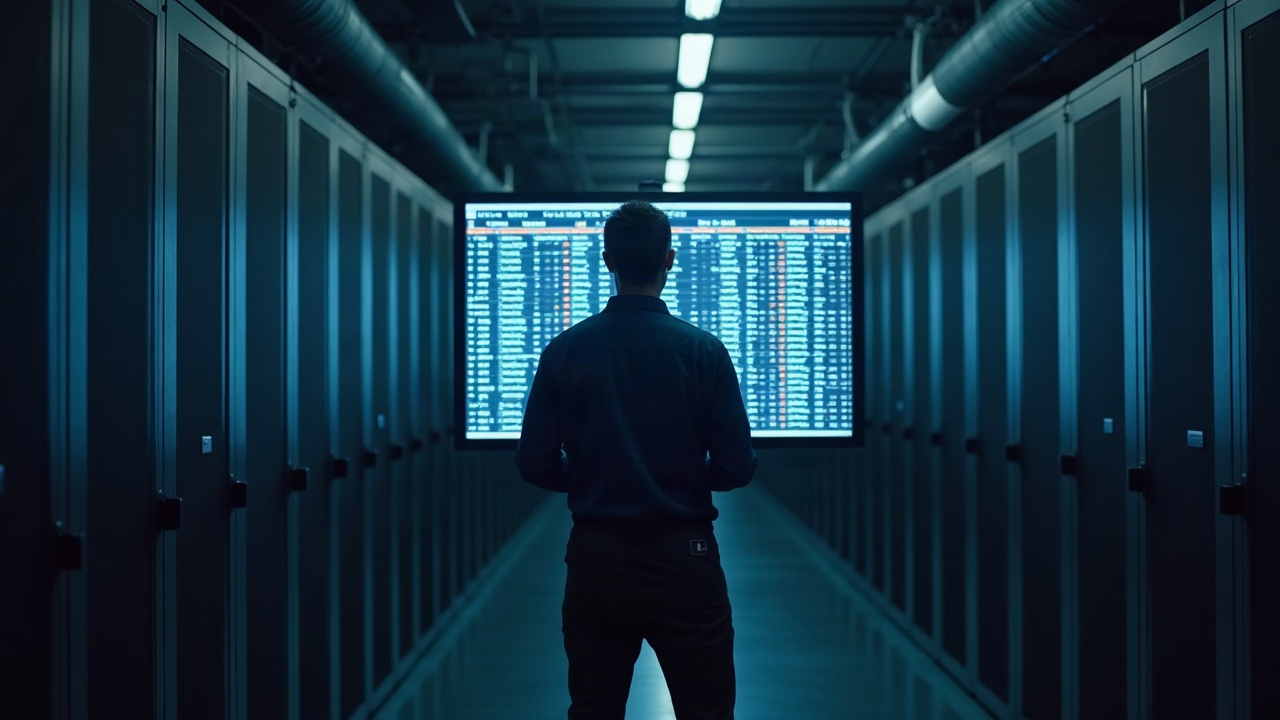 Data center technician beside a GPU rack with a monitor showing 0 to 40 workers, in neutral newsroom lighting.