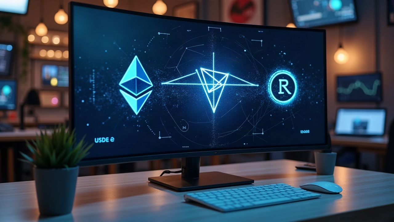 Newsroom desk with monitor illustrating cross-chain bridge from Ethereum to TRON via Stargate, showing USDe and sUSDe logos.