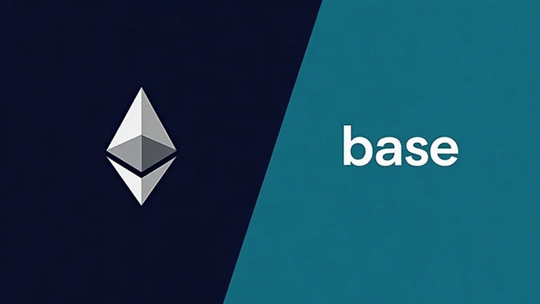 Editorial image of Ethereum and Base logos diverging to illustrate split in account abstraction standards.