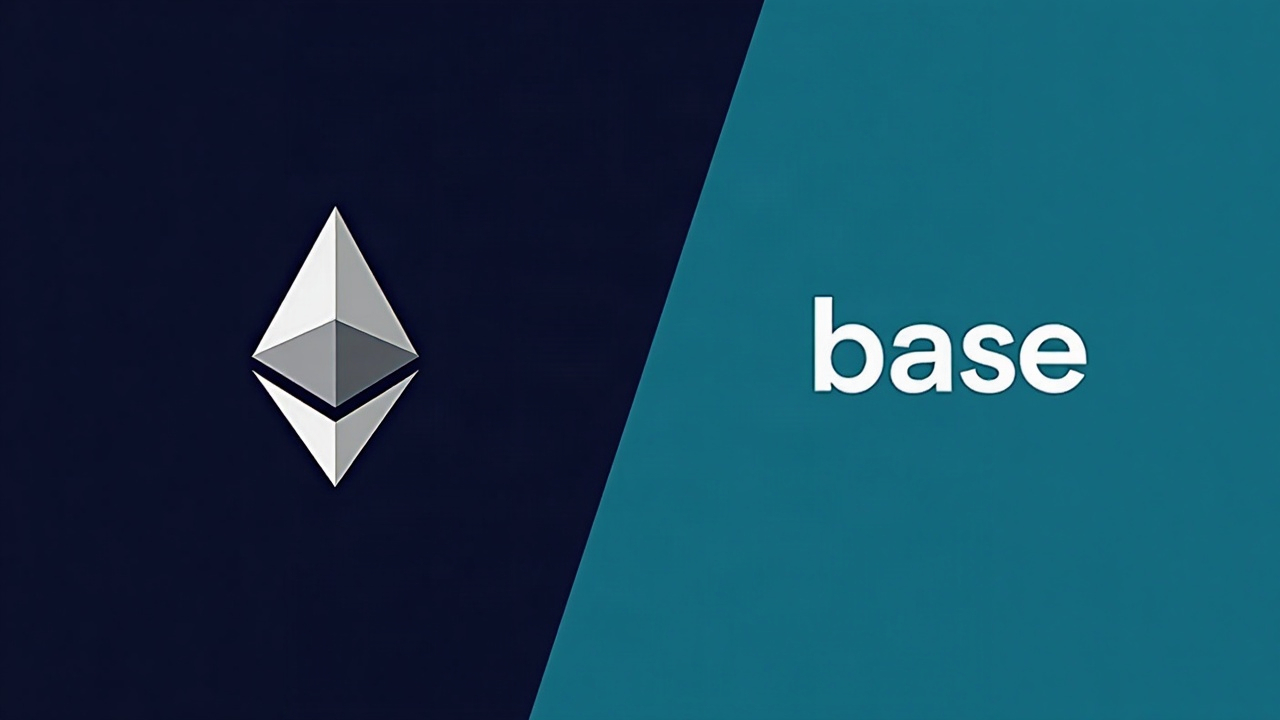 Editorial image of Ethereum and Base logos diverging to illustrate split in account abstraction standards.