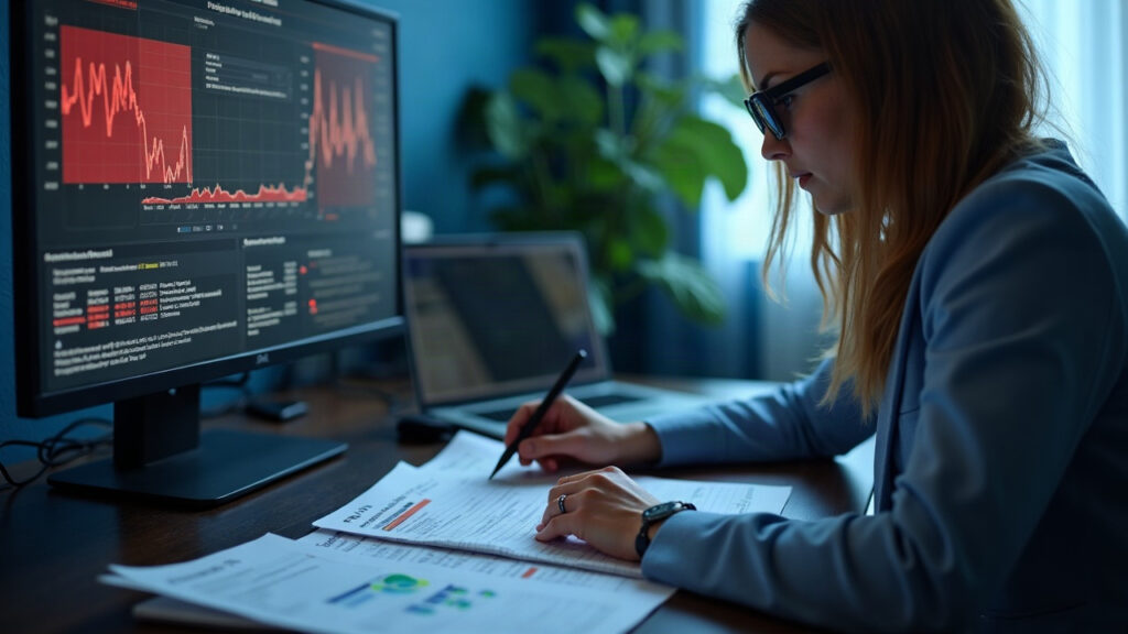 Professional at desk reviews FATF gaming risk report with monitor showing red flags and KYC documents.