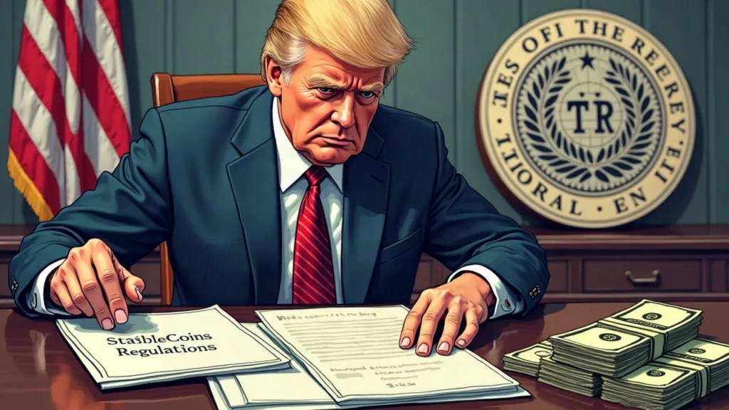 Editorial portrait of a suited regulator at a desk, with a Federal Reserve seal and Treasury bills visible.