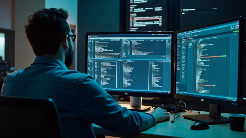 Data center technician at a workstation monitors Zakura software on a monitor, signaling NU7 Zcash upgrade readiness.