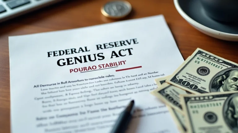 Editorial desk with a Federal Reserve document labeled GENIUS Act rules, a stablecoin icon, and U.S. Treasury bills.