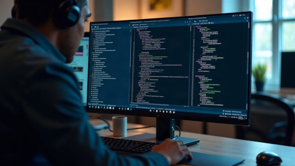 Newsroom desk with monitor showing Sepolia testnet code and Geth v1.17.6 Amsterdam upgrade details.