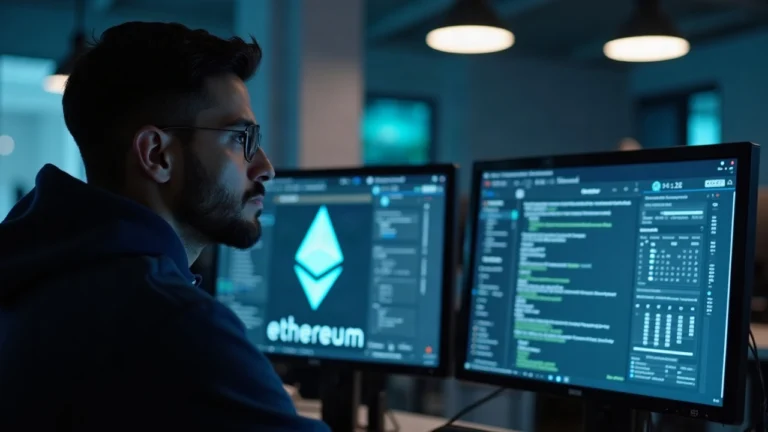 Focused engineer at a clean data-center desk; monitors display the Sepolia Ethereum logo and Devnet notes, calendar shows Oct 6, 2026.