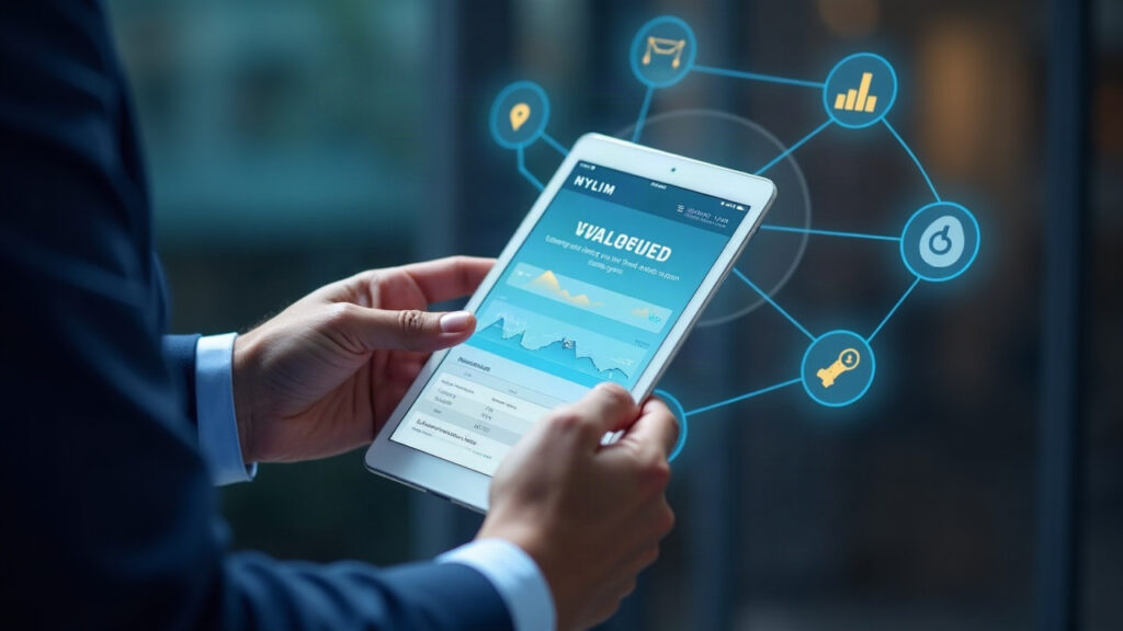 Businessperson reviews a tablet displaying HYB tokenized bond on Avalanche, with NYLIM branding and subtle USDC icons.