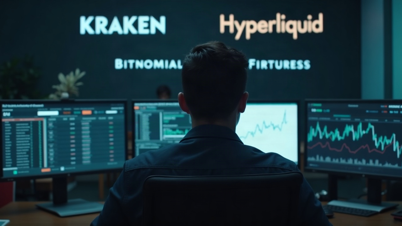 Editorial still of a financial analyst at a desk with blurred monitors and a wall branded with Kraken, Bitnomial, and Hyperliquid.