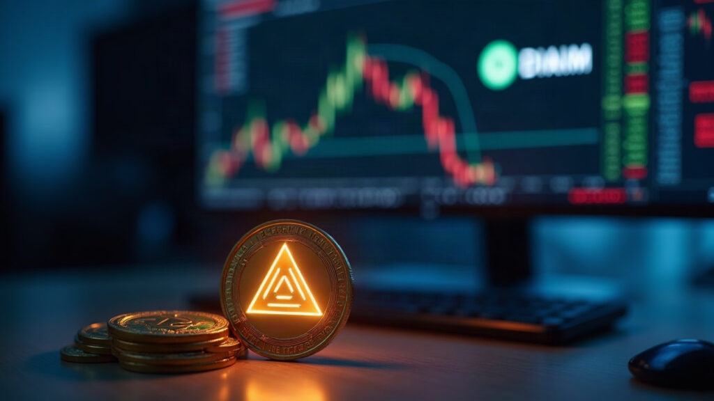 Editorial shot of a trading desk with a KuCoin interface on a monitor and a glowing DIAM token icon.