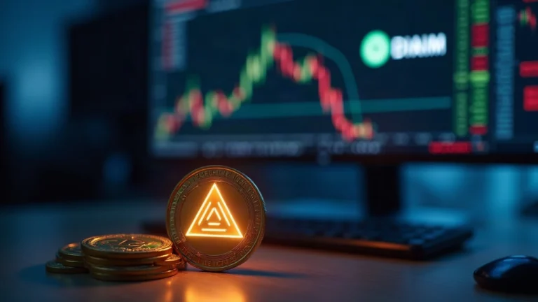 Editorial shot of a trading desk with a KuCoin interface on a monitor and a glowing DIAM token icon.