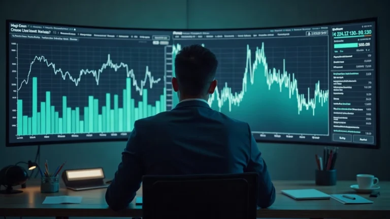 Market analyst at a clean desk reviews a large screen displaying Magic Eden logo and Solana NFT volume chart in a newsroom setting