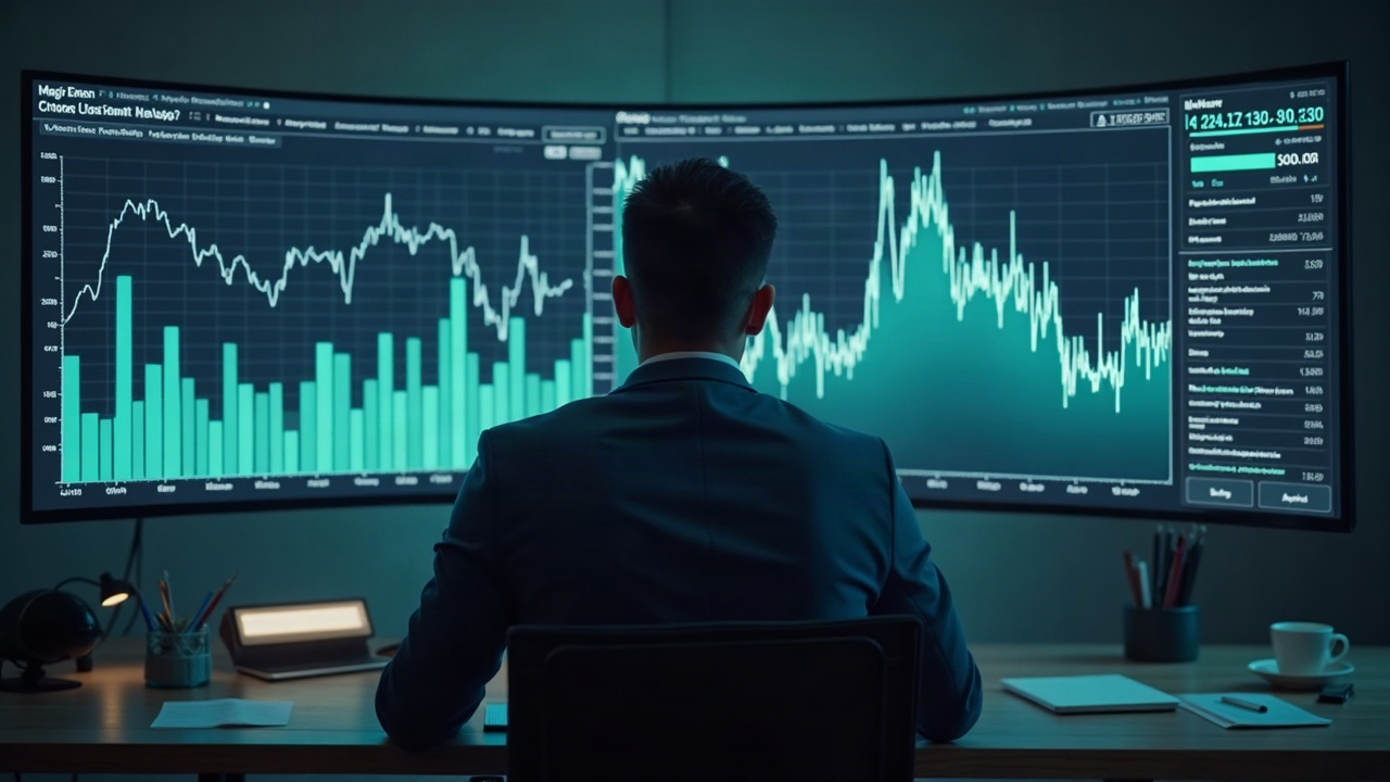 Market analyst at a clean desk reviews a large screen displaying Magic Eden logo and Solana NFT volume chart in a newsroom setting