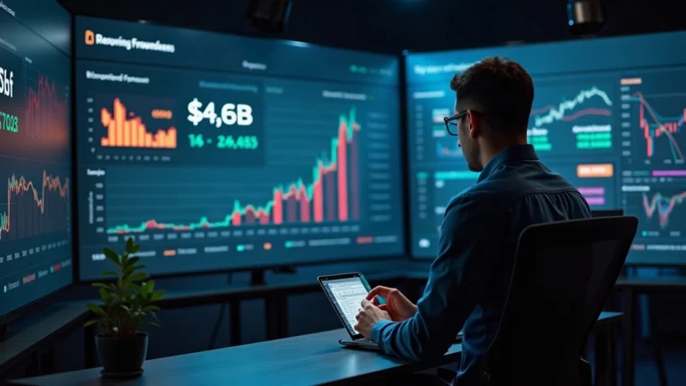 Editorial shot of a finance analyst beside a display showing Maple AUM $4.6B and syrupUSDG on Robinhood Chain