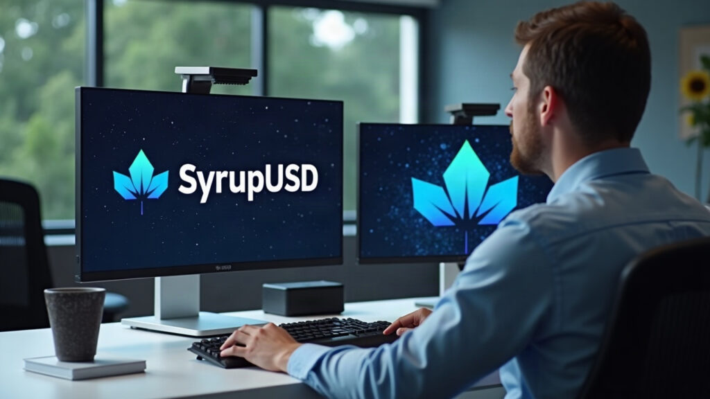 Analyst at a clean desk monitors syrupUSDC on Arc Protocol with Maple Finance branding.
