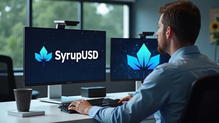 Analyst at a clean desk monitors syrupUSDC on Arc Protocol with Maple Finance branding.