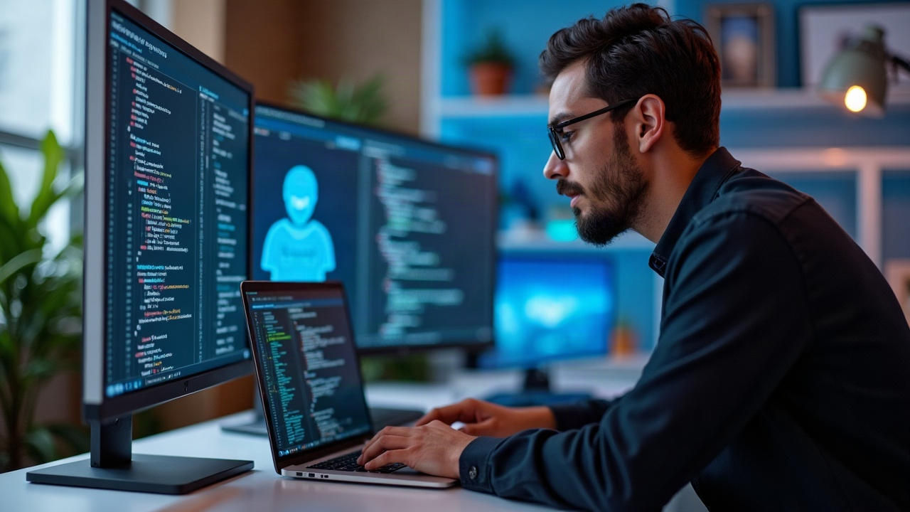 Professional coder portrait at a clean desk with a Metropolis Hackathon banner and a blockchain schematic on a monitor.