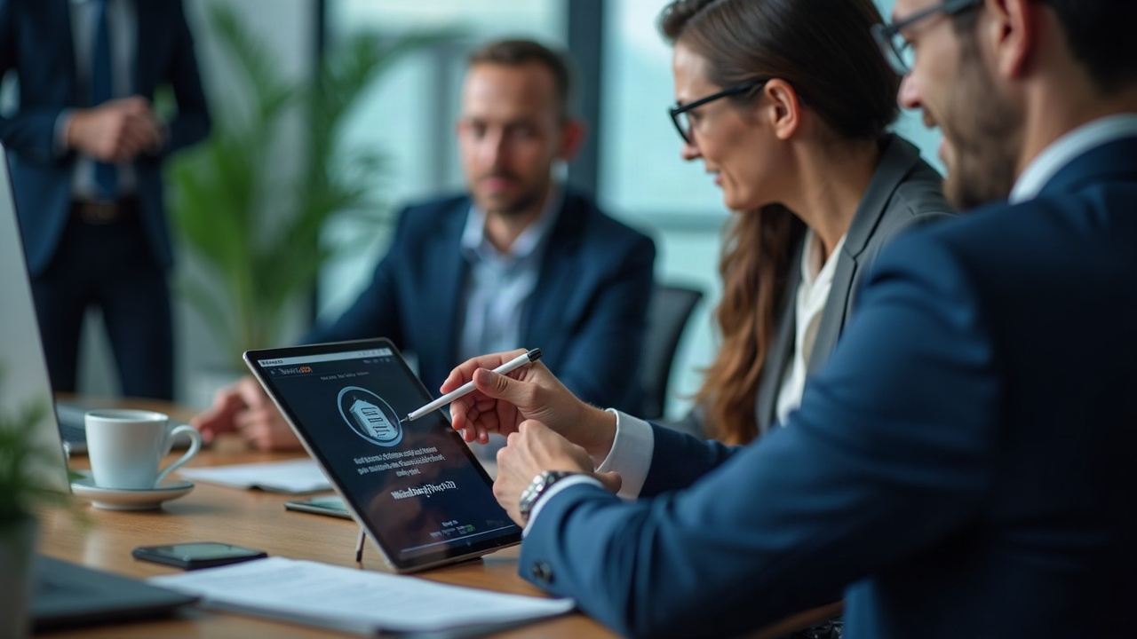 Two executives review a tablet displaying a tokenized U.S. Treasury fund, with MoonPay and WisdomTree branding.