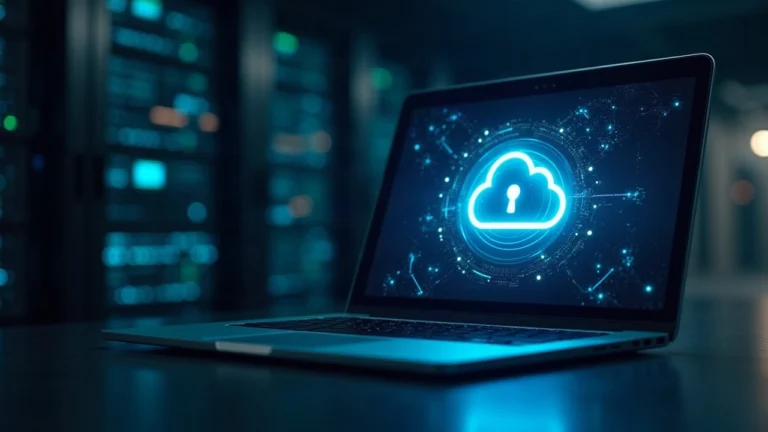Data center scene with a laptop displaying a NEAR AI Cloud secure enclave icon amid cloud graphics.