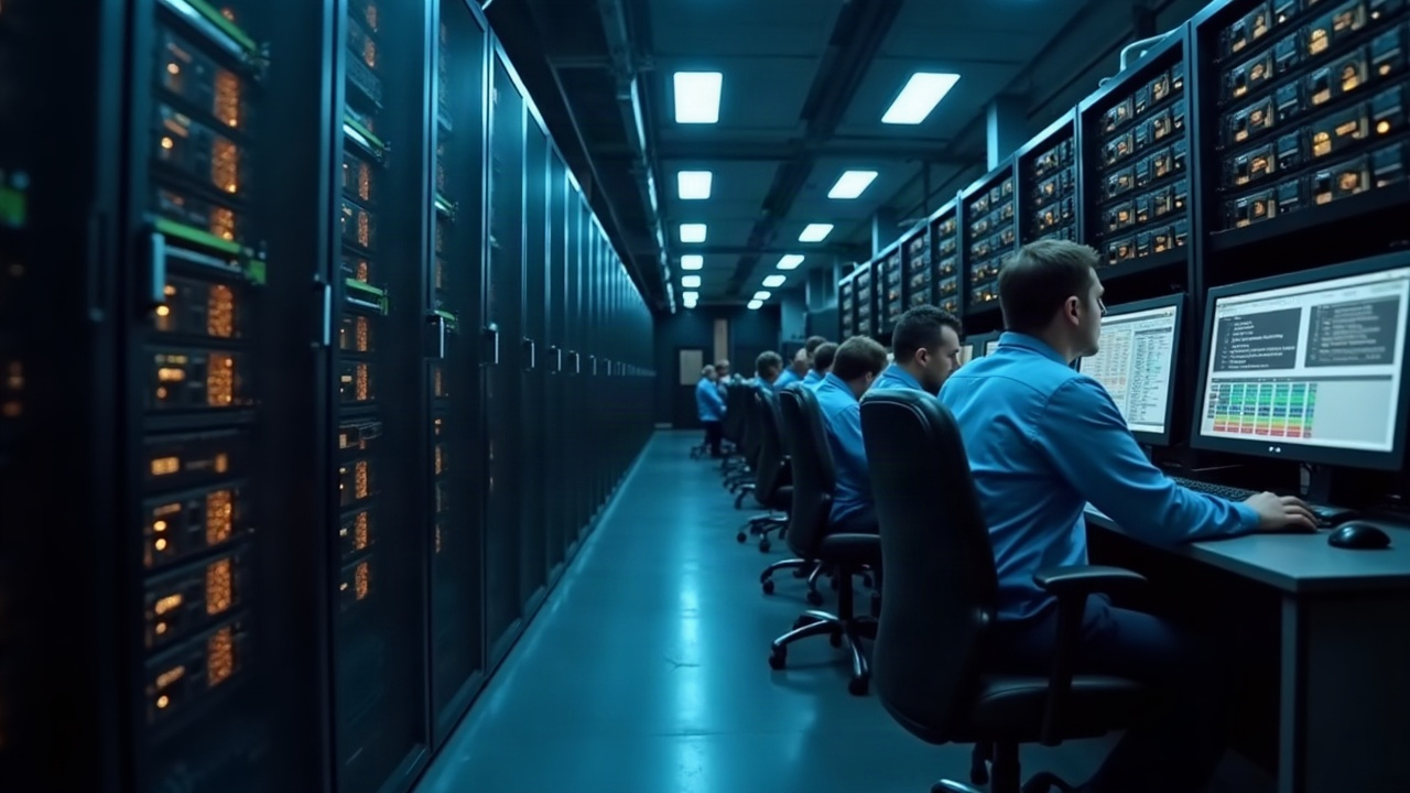 Data center scene with server racks and a technician highlighting Nethermind 2.0.0 and 2.1 TB storage reduction on Ethereum