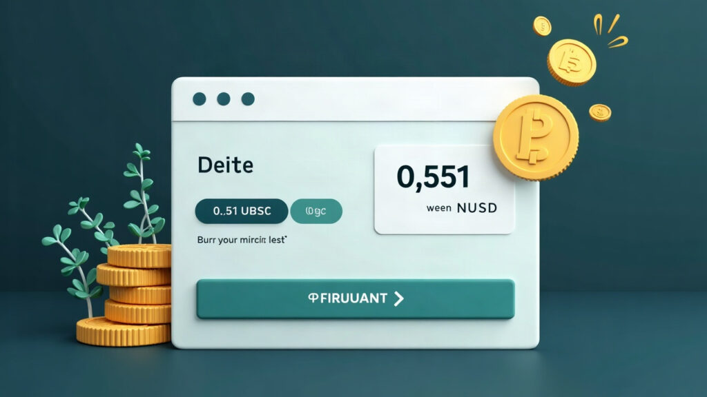 Close-up of a digital redemption portal showing 0.51 USDC per NUSD, with burned tokens in a newsroom setting