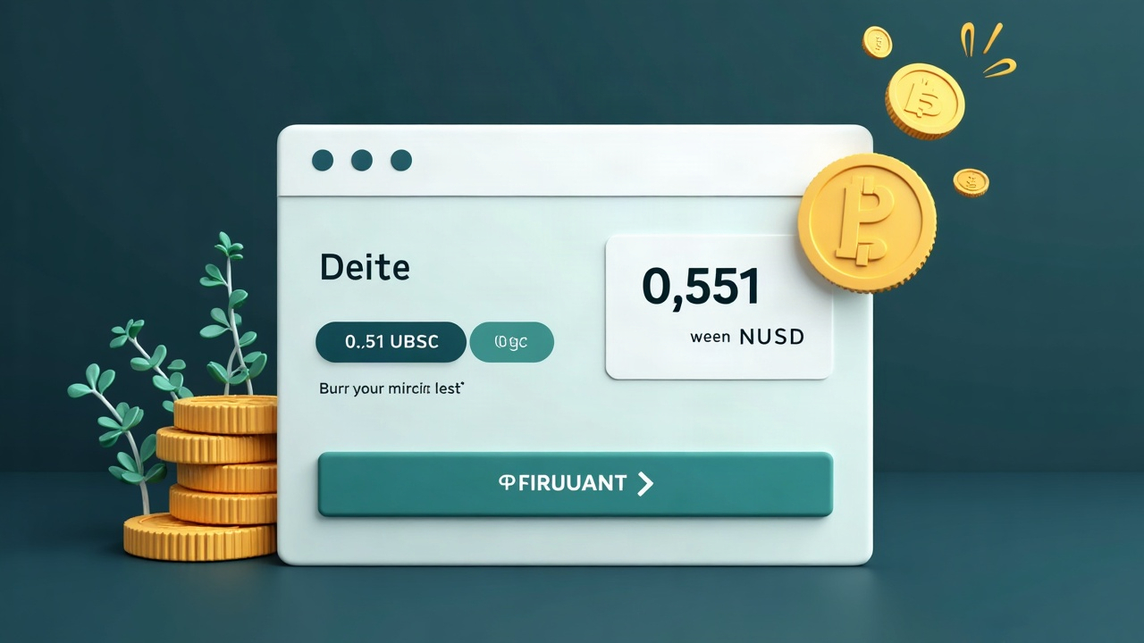 Close-up of a digital redemption portal showing 0.51 USDC per NUSD, with burned tokens in a newsroom setting