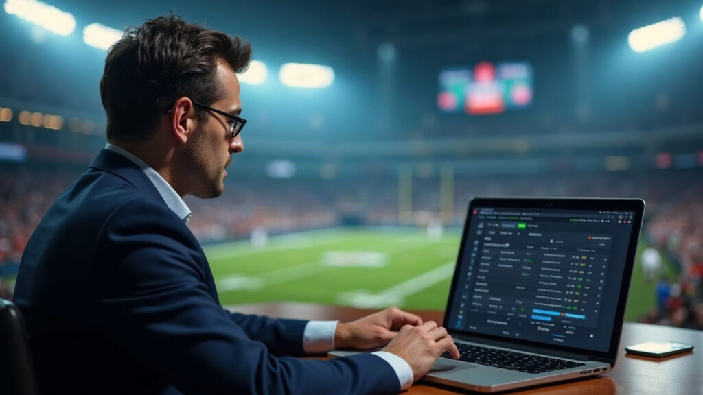 Editorial portrait: sports analyst at desk with laptop showing NFL prediction market data, stadium blurred in background.