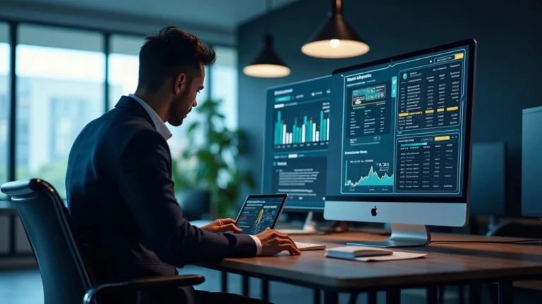 Analyst in a modern office viewing a digital vault dashboard of onchain loyalty reserves and tokenized assets.