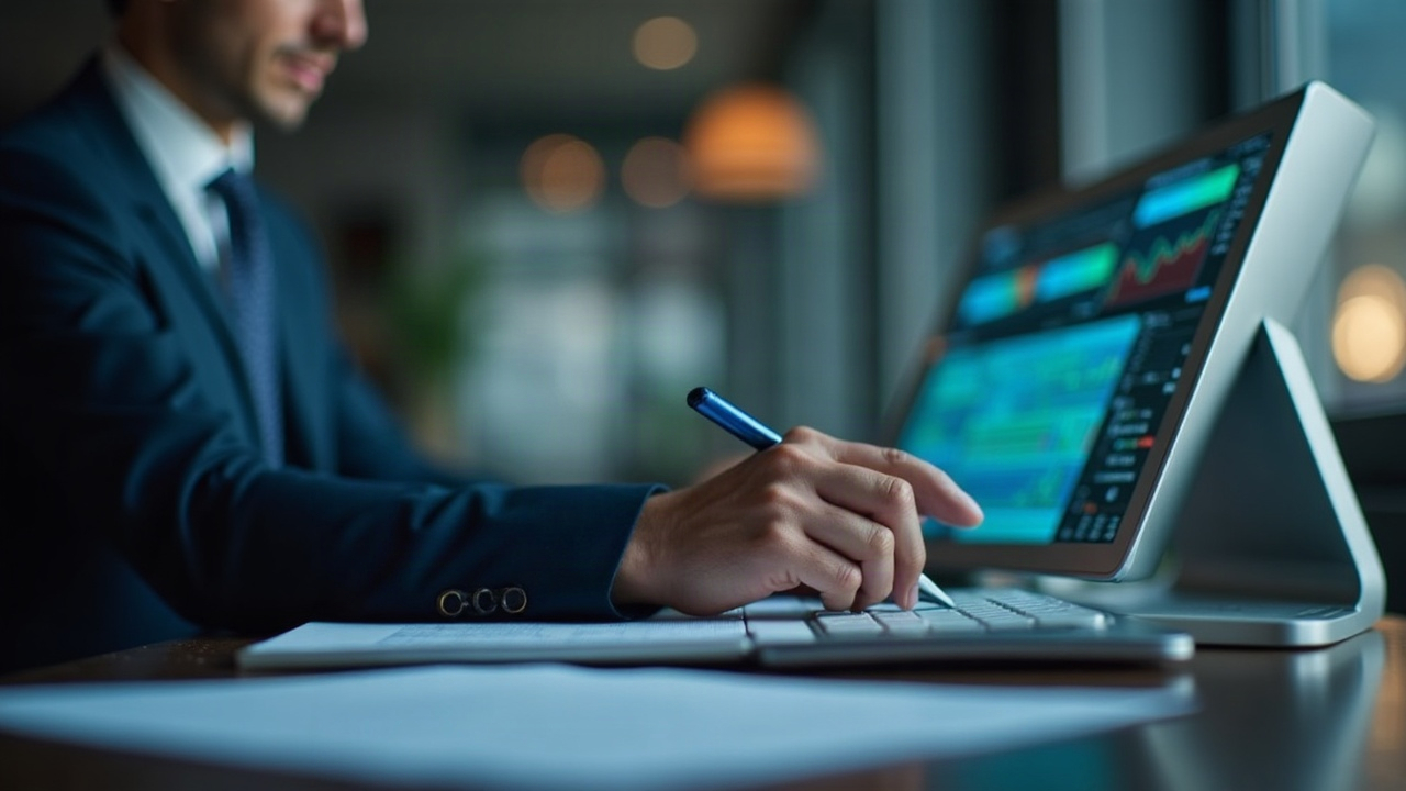 Editorial portrait of a finance professional at a desk with a tokenization motif and ledger, symbolizing Oasis Pro Markets joining Fund/SERV.