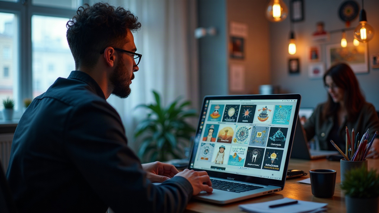 Curator in a modern office views laptop displaying a grid of 32x32 retro AI art prompts, symbolizing alignDRAW joining OpenSea Flagship
