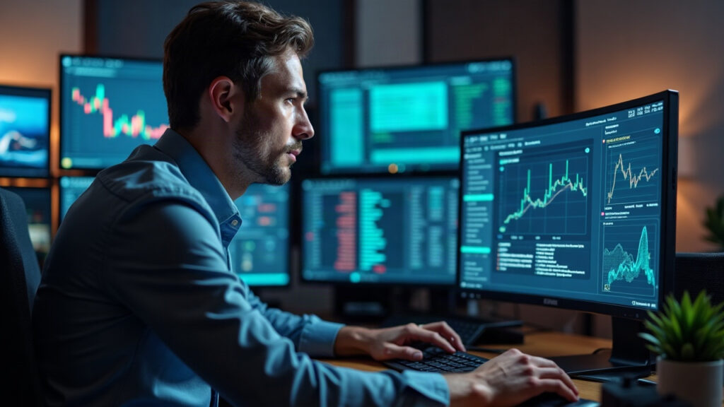 Professional in a modern newsroom analyzes a live Paradise XRPL early-access interface on a monitor with XRPL branding.