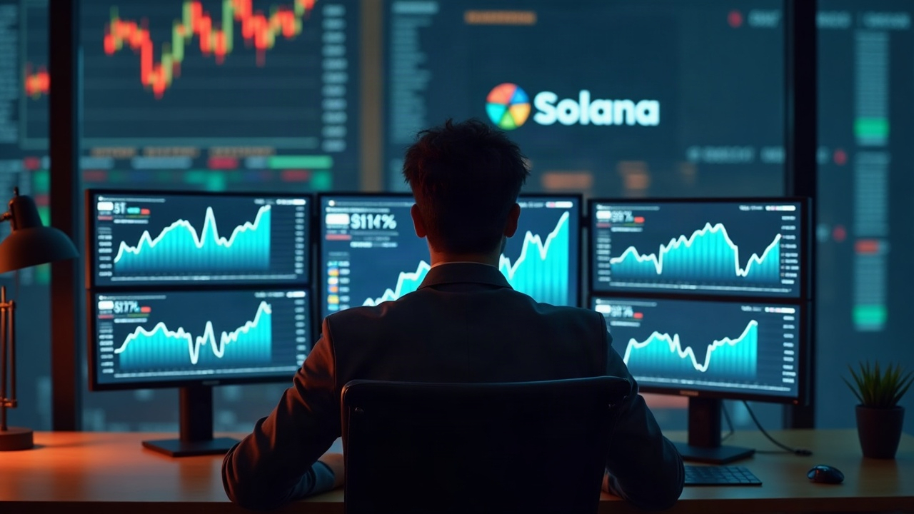 Newsroom trader at desk with Solana and Raydium logos on monitor and rising tokenized equity charts.