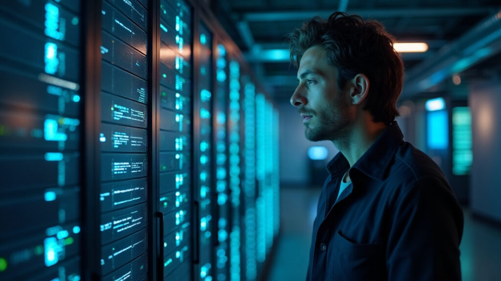 Editorial photo of a developer in a data center with glowing blockchain nodes, TEEs, and on-chain AI precompiles.
