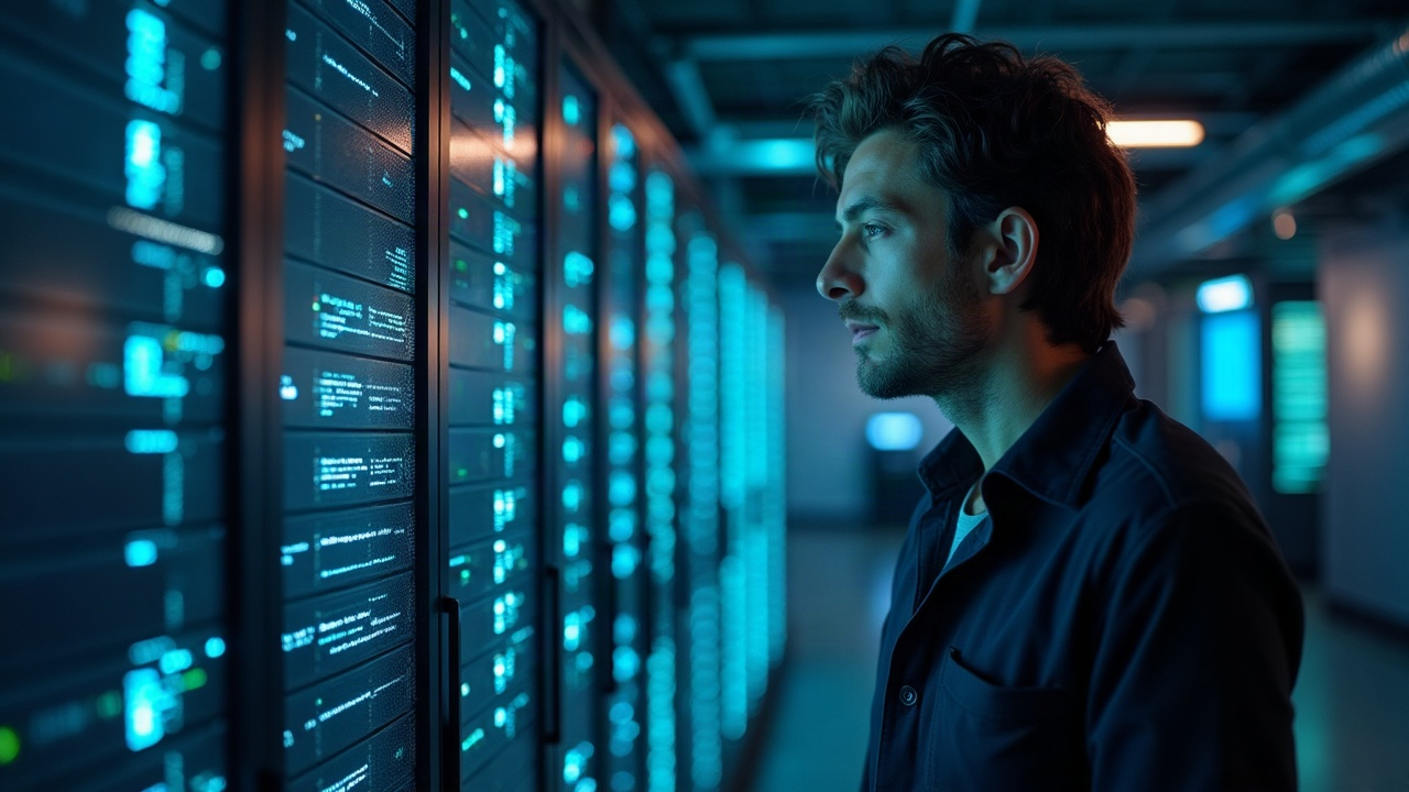 Editorial photo of a developer in a data center with glowing blockchain nodes, TEEs, and on-chain AI precompiles.