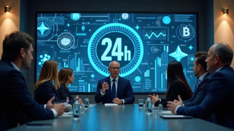 Editorial photo of a central SEC official speaking at a 24-hour trading roundtable with analysts and a screen showing a 24h clock and blockchain icons