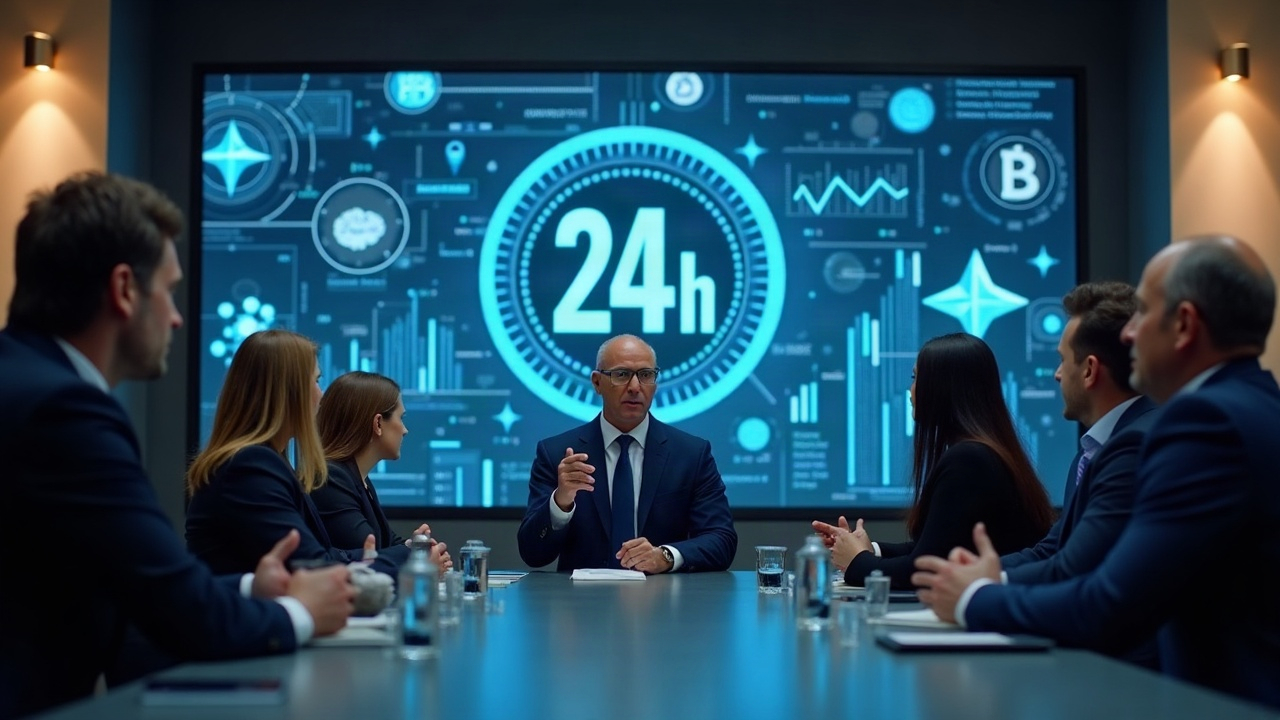 Editorial photo of a central SEC official speaking at a 24-hour trading roundtable with analysts and a screen showing a 24h clock and blockchain icons