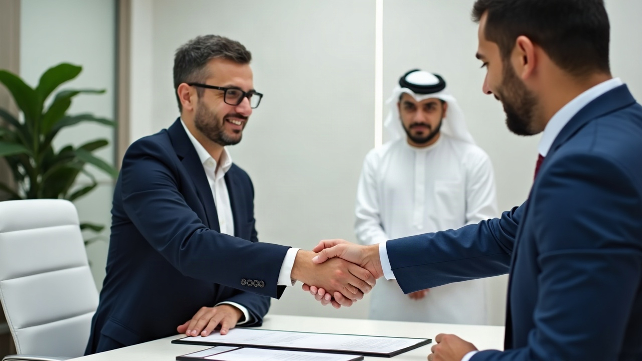 Securitize and VARA Dubai MoU signing ceremony with two officials exchanging documents at a desk