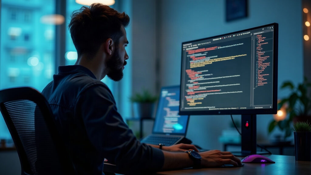 Developer at a clean desk; monitor displays SFVM 2.2 code with Sonic Labs branding.