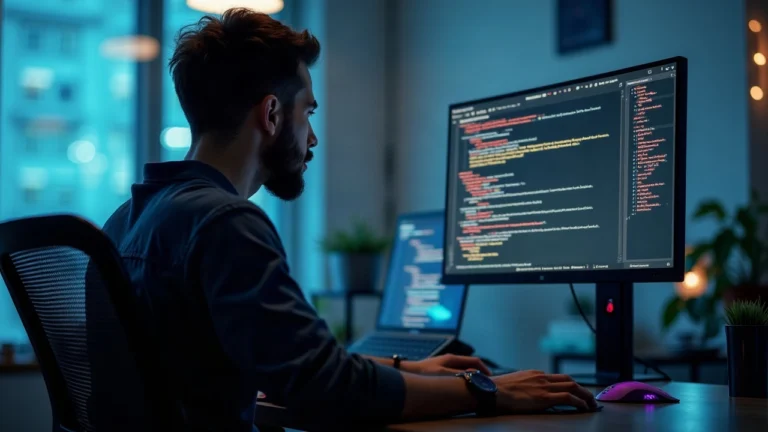 Developer at a clean desk; monitor displays SFVM 2.2 code with Sonic Labs branding.