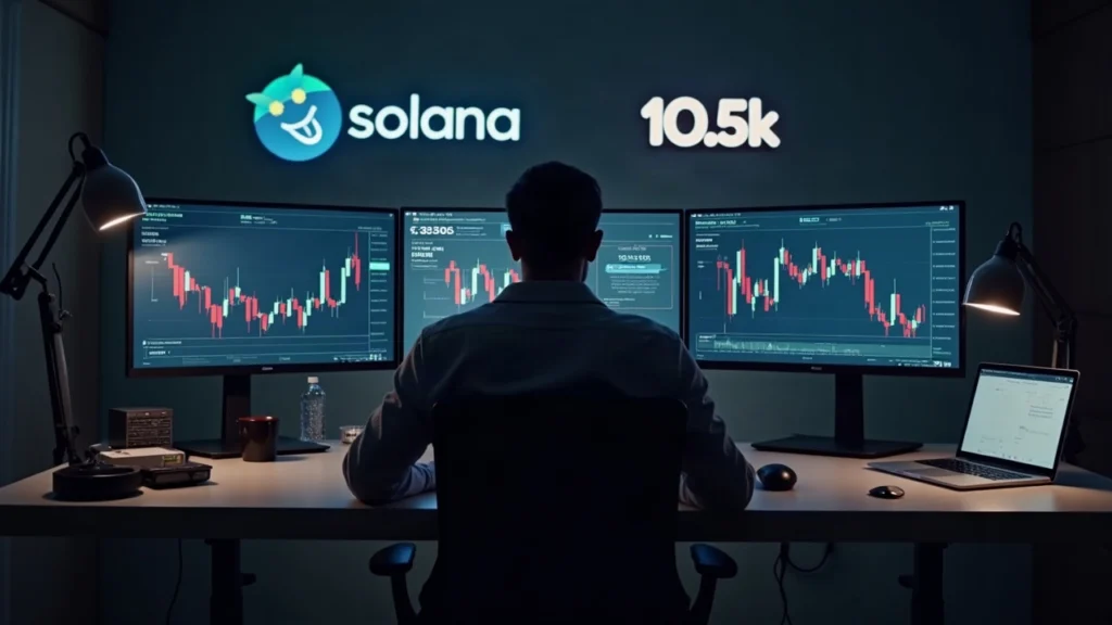 Market analyst at a clean desk with screens showing Solana NFT logos, ChadbotApp terminal, and a 10.5k SOL banner.