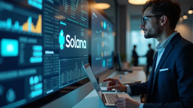 Finance professional in a newsroom viewing a display with Solana logo, USDC symbol, and 250M minted.