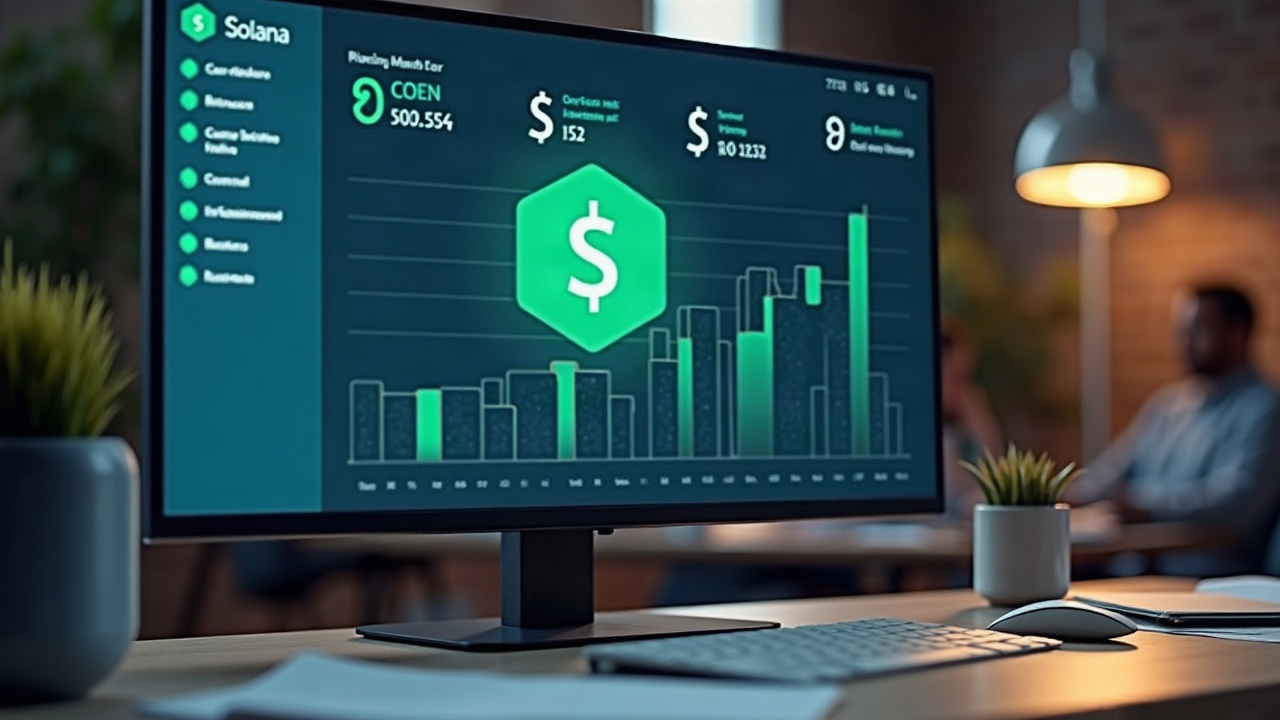 Editorial desk with a monitor displaying the Solana logo and the USDC icon, plus a ledger-style UI showing rising mint numbers.