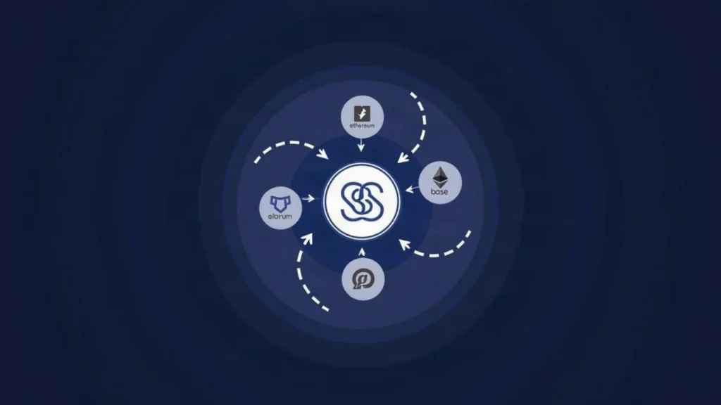 Solana logo centered with arrows from Ethereum, Base, Arbitrum, and Sui converging into a USDC badge.